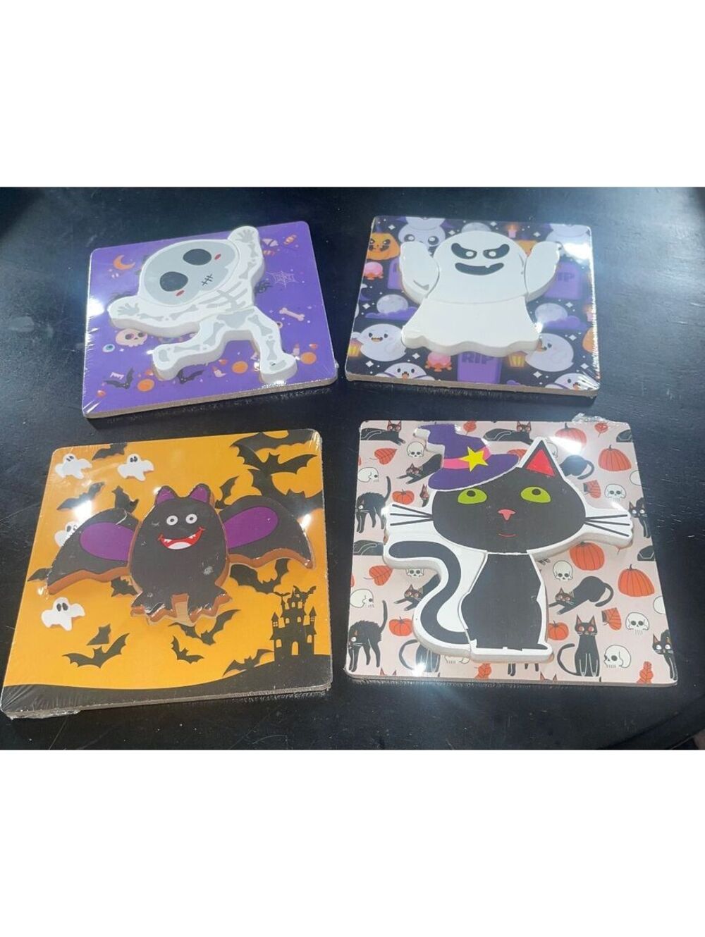 Set of 4 Halloween Themed Wooden Puzzles with Fun Characters